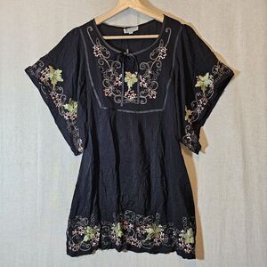 Heavily Embroidered Black Mini Dress Tunic Mexican Beach Travel NWT Size Large